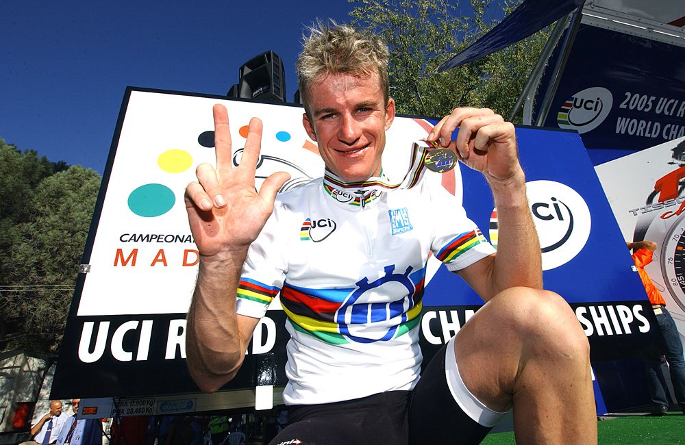 Mick Rogers celebrates his third time trial title at the world championships