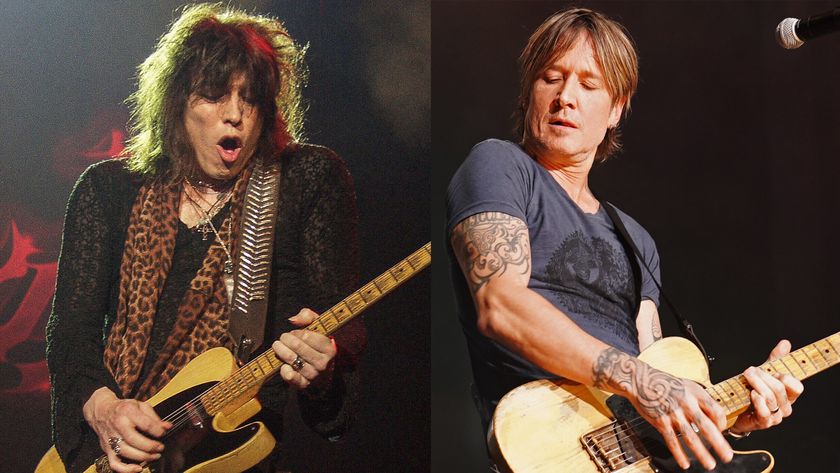 LEFT: Tom Keifer of Cinderella performs at Lakewood Amphitheatre in Atlanta, Georgia on May 26, 2002 RIGHT: Keith Urban performs during the ACM Party For A Cause at Ascend Amphitheater on August 24, 2021 in Nashville, Tennessee. 