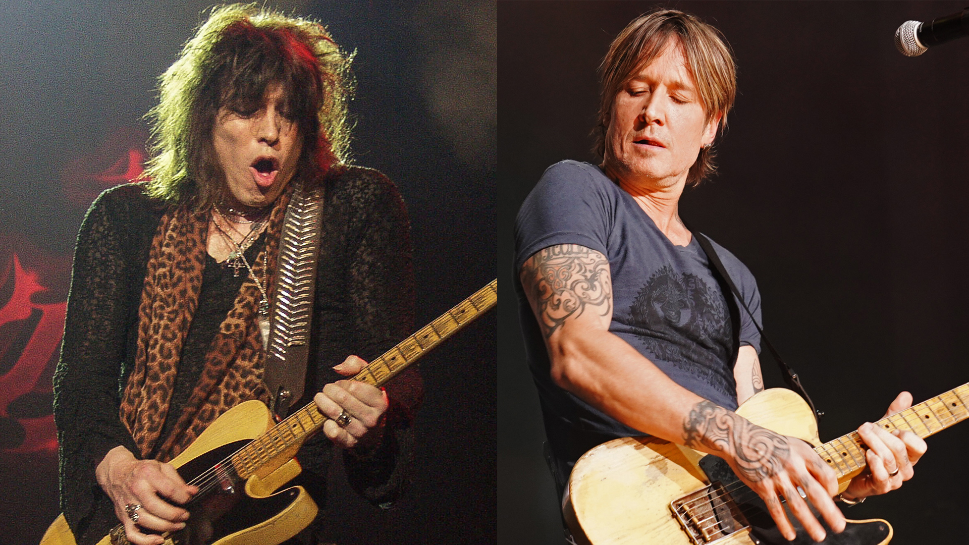 LEFT: Tom Keifer of Cinderella performs at Lakewood Amphitheatre in Atlanta, Georgia on May 26, 2002 RIGHT: Keith Urban performs during the ACM Party For A Cause at Ascend Amphitheater on August 24, 2021 in Nashville, Tennessee.