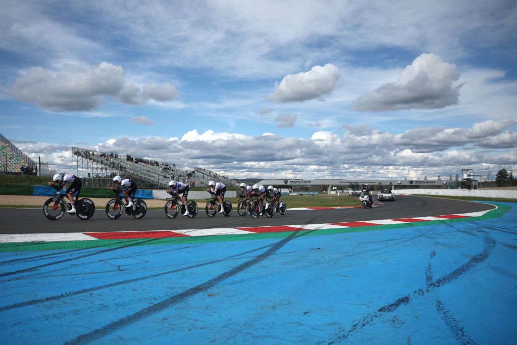UAE Team Emirates' riders cycle during the 3rd stage of the Paris-Nice cycling race, a 28,4 km team time trial between Nevers Magny-Cours Circuit and Nevers, on March 11, 2025. (Photo by Anne-Christine POUJOULAT / AFP)