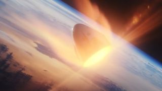 SpaceX's Crew Dragon spacecraft reenters Earth's atmosphere in this still from a SpaceX animation of how the Demo-2 mission works.