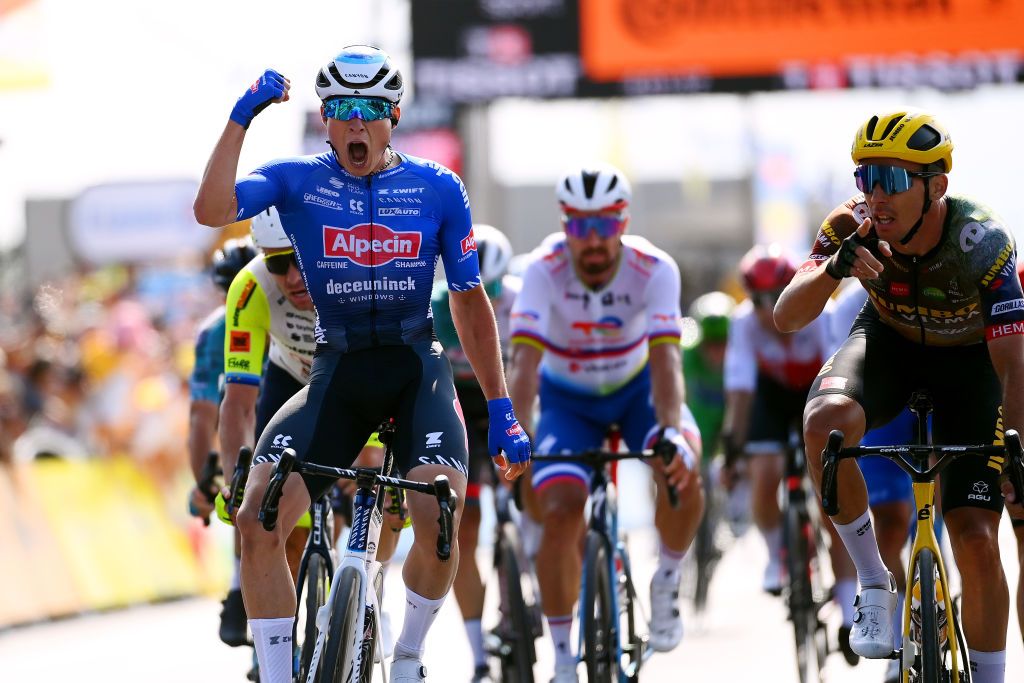 CALAIS FRANCE JULY 05 Jasper Philipsen of Belgium and Team AlpecinFenix L celebrates wrongly at finish line believing himself the stage winner Christophe Laporte of France and Team Jumbo Visma warns of the situation R during the 109th Tour de France 2022 Stage 4 a 1715km stage from Dunkerque to Calais TDF2022 WorldTour on July 05 2022 in Calais France Photo by Tim de WaeleGetty Images