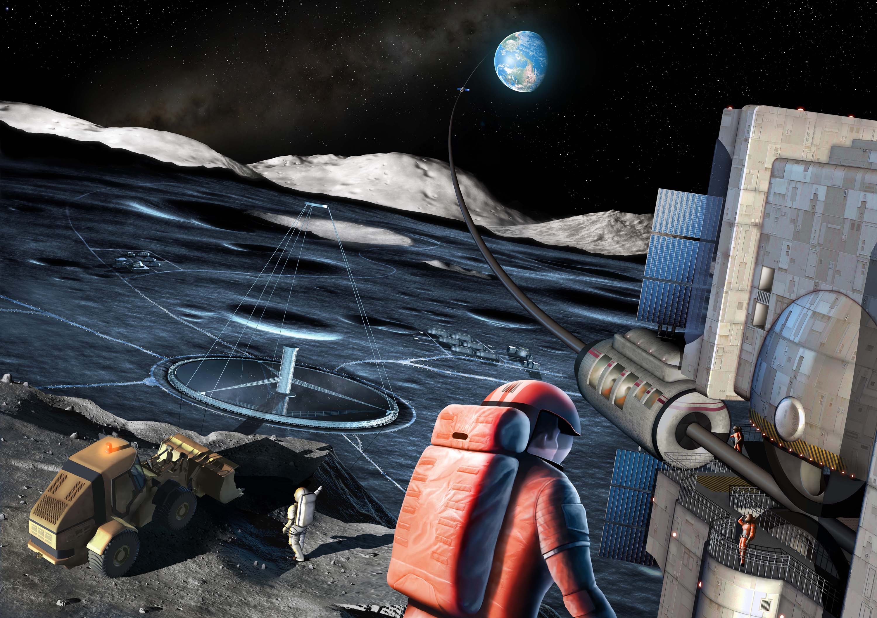 This moonscape depicts a lunar elevator docking at a terminal on the Moon’s South Pole.