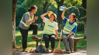 AI-generated image of three sanitation workers socializing on a public bench.