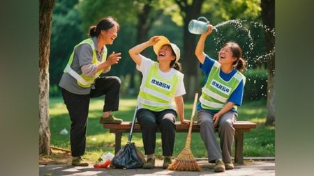 AI-generated image of three sanitation workers socializing on a public bench. 