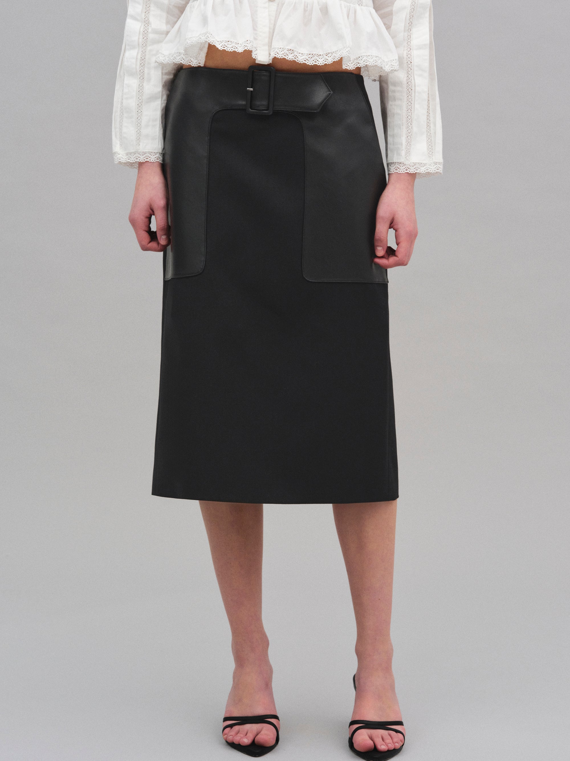 source unknown, Buckle Leather Midi Skirt