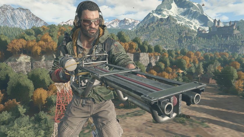 Kyle Crane holding a sawblade launcher