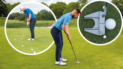 Andy Sullivan and James Jankowski demonstrating putting drills using tees, with another inset image of a putter behind a golf ball in between a gate made of tees