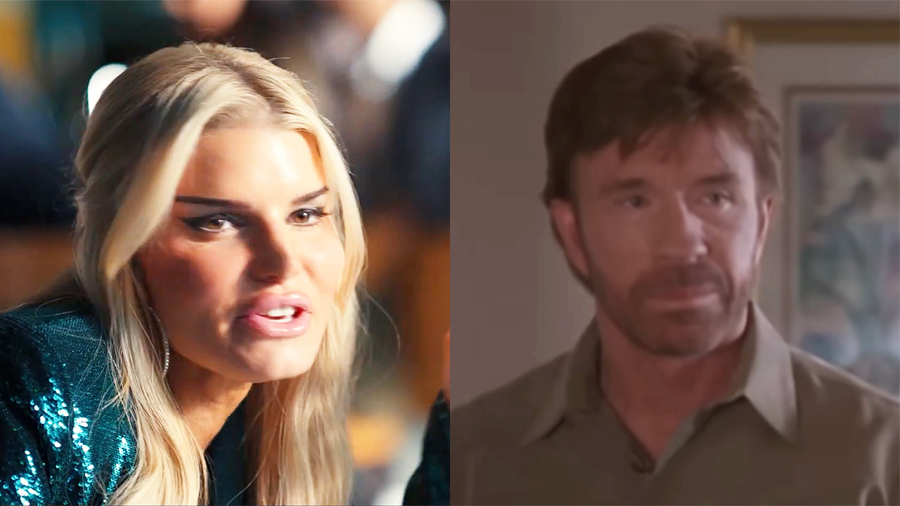 A still of Jessica Simpson wiggling her eyebrows in All's Fair and a second still of Chuck Norris as Walker, Texas Ranger standing stoically. 