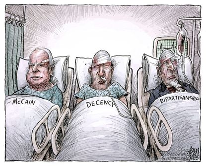 Political cartoon U.S. McCain cancer Party politics bipartisanship