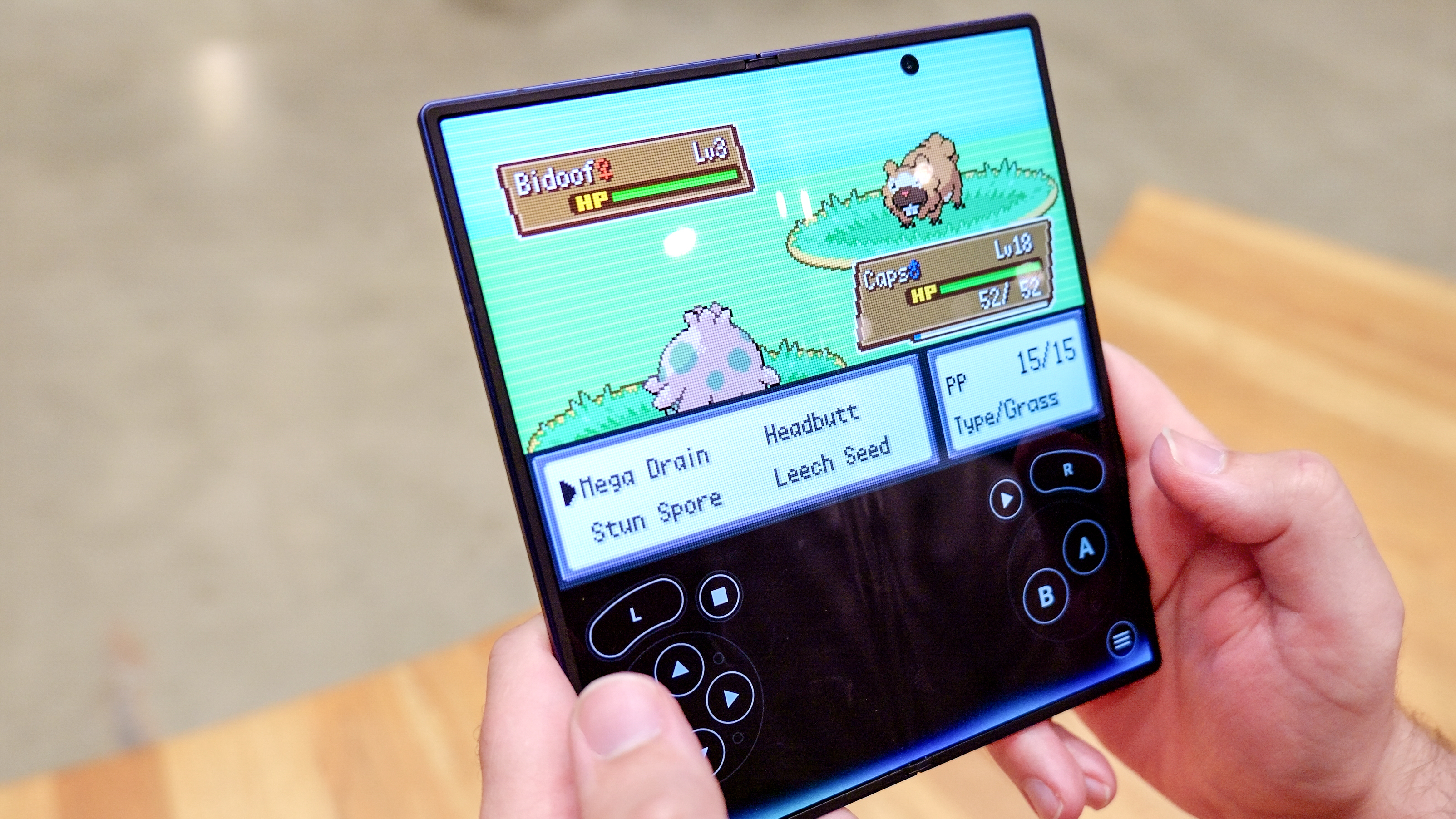 Galaxy Z Fold 7 using emulator to play Pokemon.
