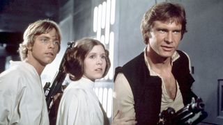 Luke Skywalker (Mark Hamill), Princess Leia (Carrie Fisher) and Han Solo (Harrison Ford) on set for Star Wars: Episode IV - A New Hope.