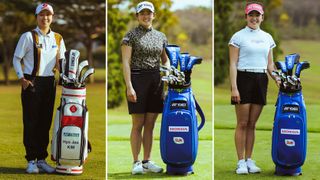 Three different LPGA golfers with Yonex golf bags and clubs