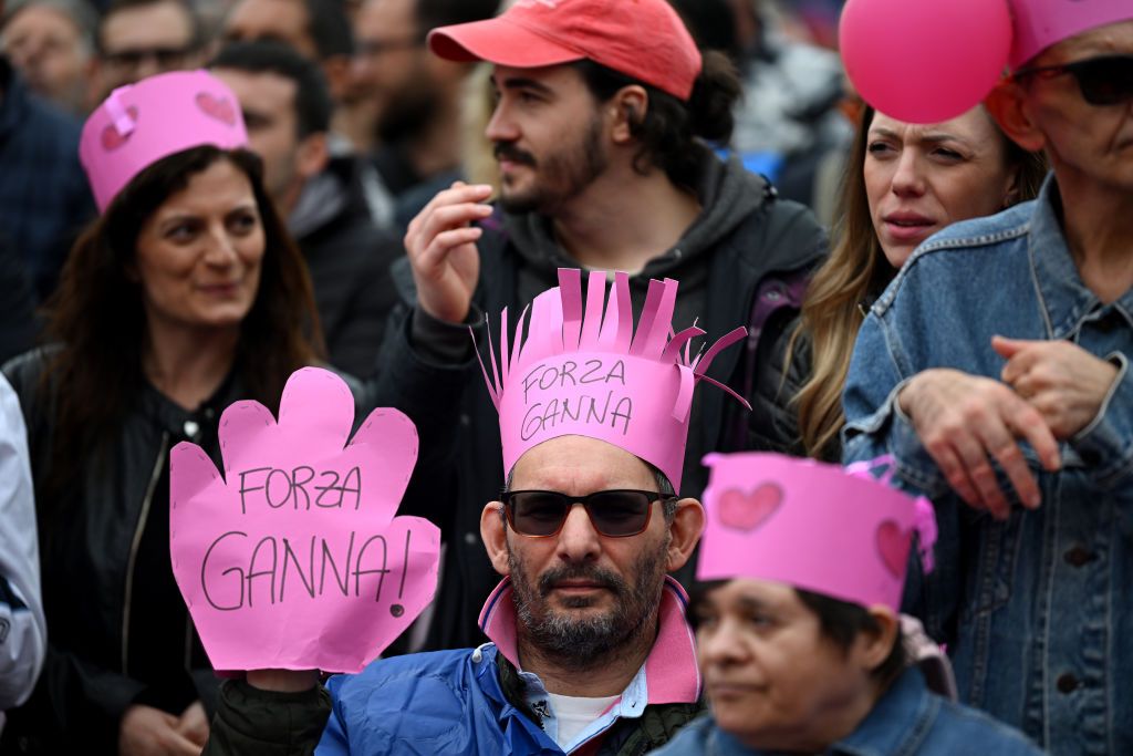 NOVARA ITALY MAY 06 Fans of Filippo Ganna of Italy and Team INEOS Grenadiers prior to the 107th Giro dItalia 2024 Stage 3 a 166km stage from Novara to Fossano 374m UCIWT on May 06 2024 in Novara Italy Photo by Dario BelingheriGetty Images