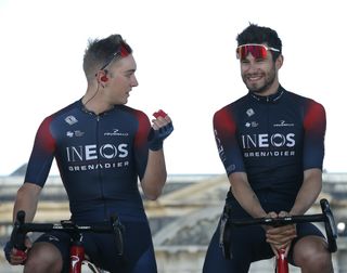 ROUBAIX, FRANCE - APRIL 17: (L-R) Magnus Sheffield of United States, Filippo Ganna of Italy and Michal Kwiatkowski of Poland and Team INEOS Grenadiers during the team presentation prior to the 119th Paris-Roubaix 2022 - Men's Elite a 257,2km one day race from CompiÃ¨gne to Roubaix / #ParisRoubaix / #WorldTour / on April 17, 2022 in Roubaix, France. (Photo by Bas Czerwinski/Getty Images)