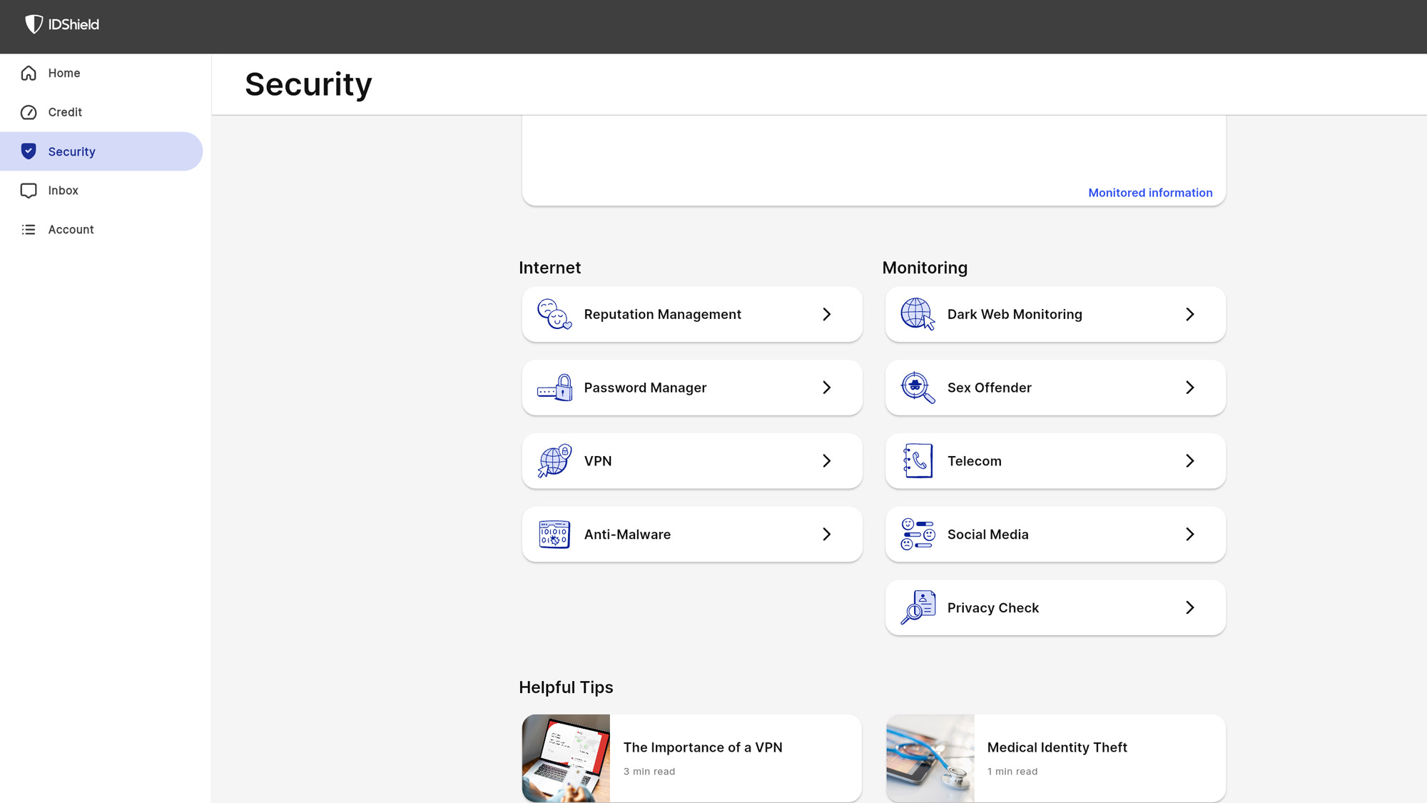 Screenshot of the IDShield web interface
