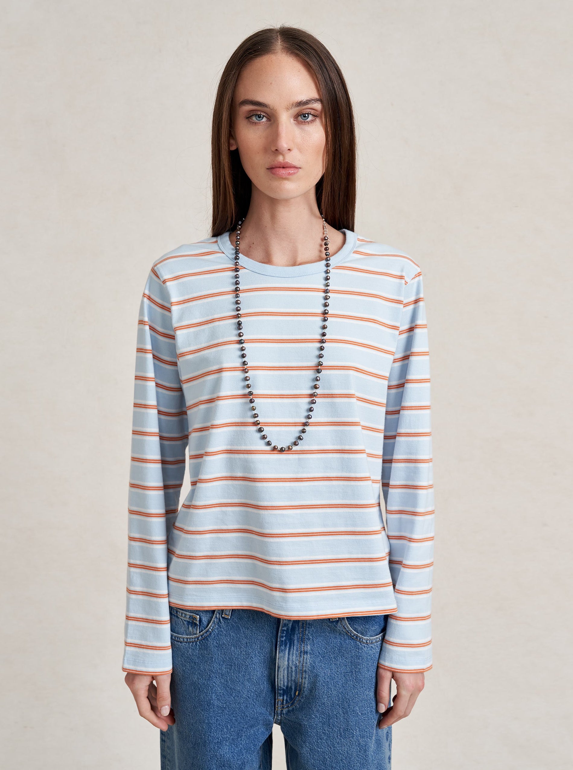Long Sleeve Boyfriend Tee Xxs in Striped Blue \u0026 Orange