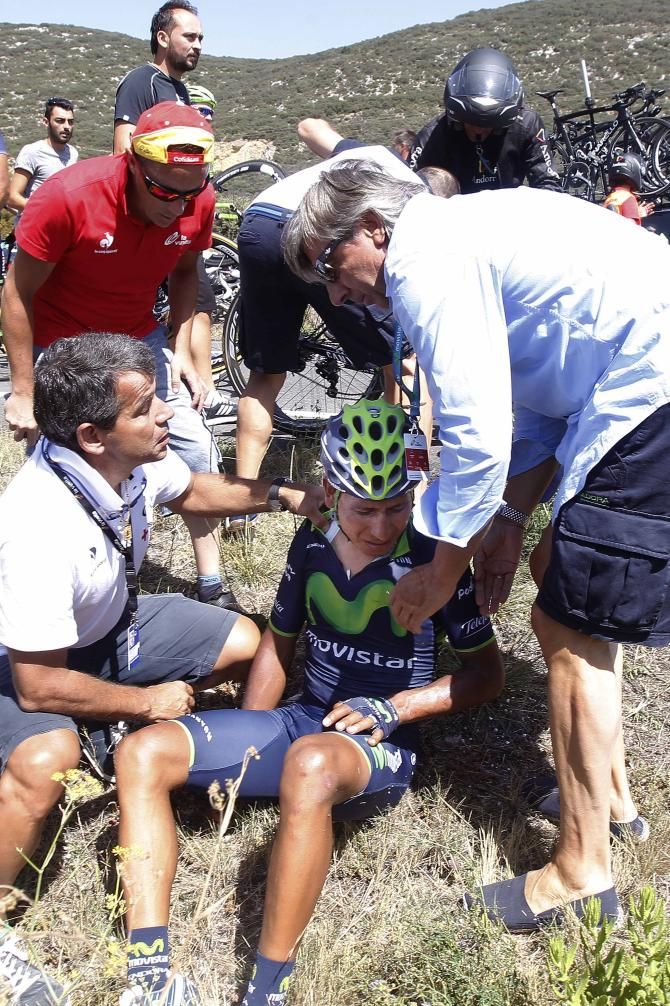 Nairo Quintana (Movistar) on the ground after his second crash in as many days