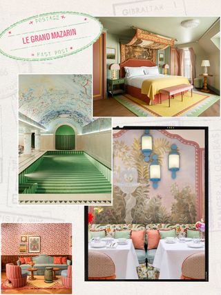 A collage of four images depicting the colorful interior of a new hotel in Paris, including a bar with printed wallpaper.