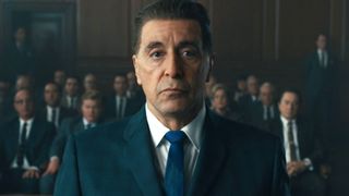 The best Netflix movies: Al Pacino as Jimmy Hoffa standing in court during the movie, The Irishman. 