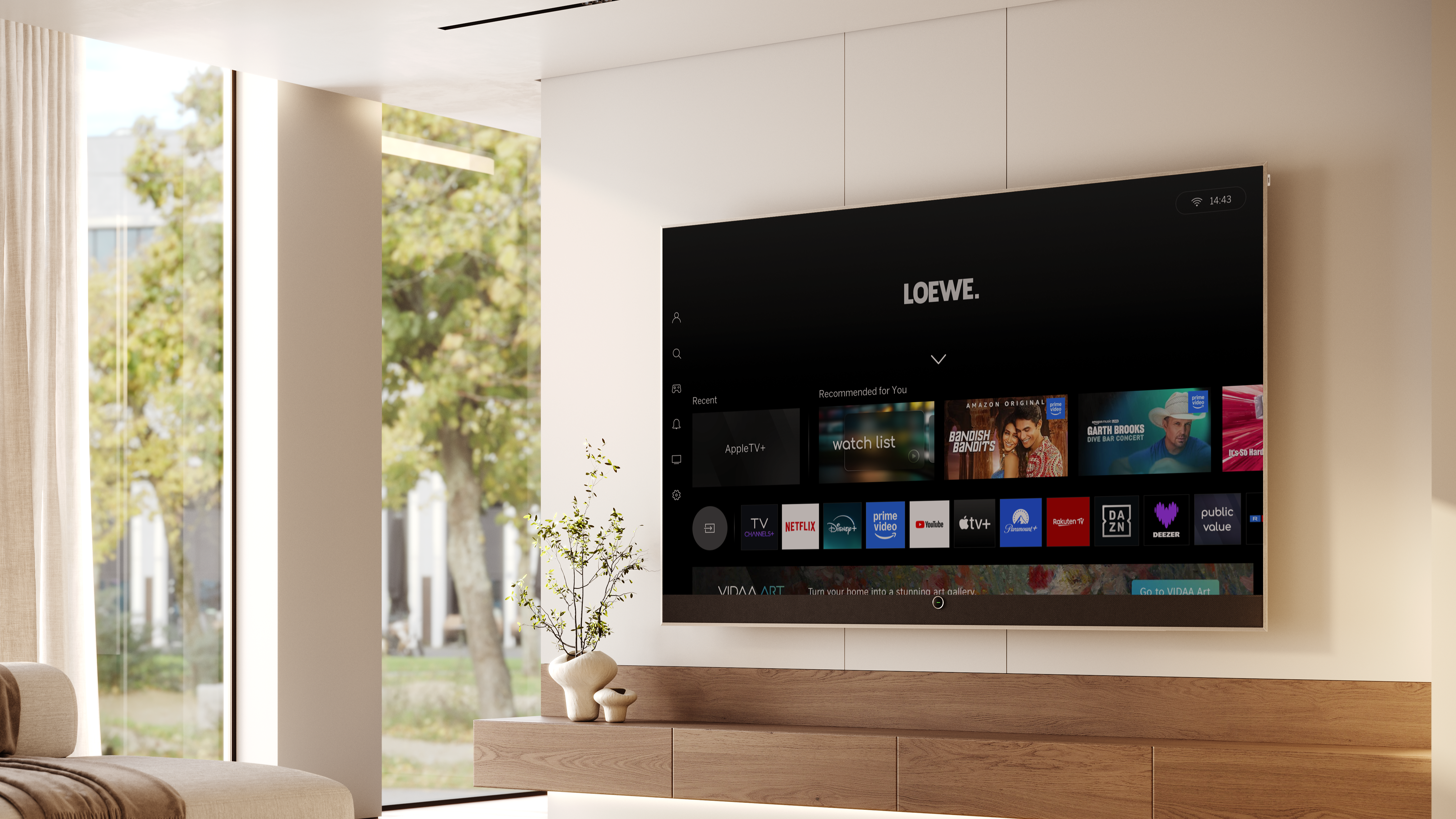 Loewe Stellar 97-inch wall mounted in a modern living room.