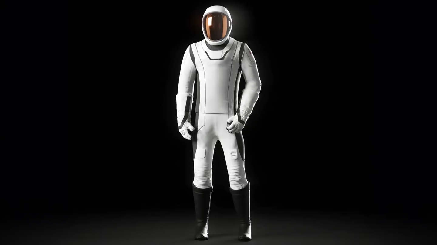 NASA Space Technology A white spacesuit with black boots standing in a black space.