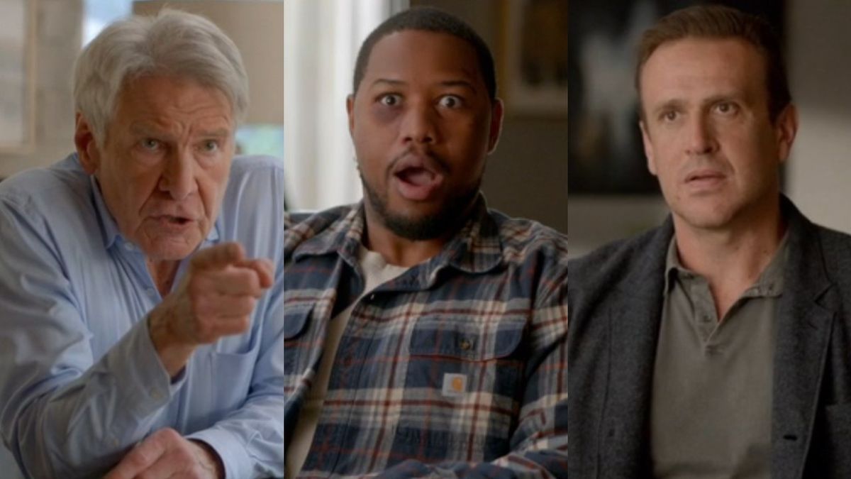 From left to right, screenshots of Harrison Ford pointing with his left hand, Luke Tennie looking shocked and Jason Segel looking upset in Shrinking. 