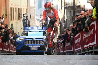 SIENA ITALY MARCH 04 Quinn Simmons of The United States and Team Trek Segafredo competes during the Eroica 17th Strade Bianche 2023 Mens Elite a 184km one day race from Siena to Siena 318m StradeBianche on March 04 2023 in Siena Italy Photo by Luc ClaessenGetty Images