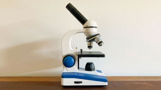 The amscope m150c microscope placed on a walnut table against a beige wall