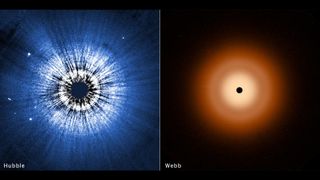 two images: on the left a blue swirl of light on a black background; on the right, an orange swirl of light on a black background