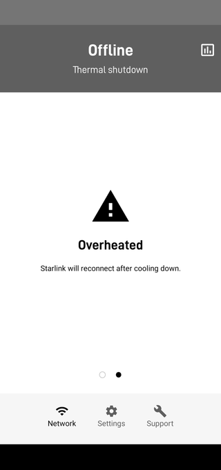 Screengrab of Starlink app showing thermal shutdown error.
