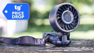 Closeup of the DiveBlues Fanzy personal fan shown on bench