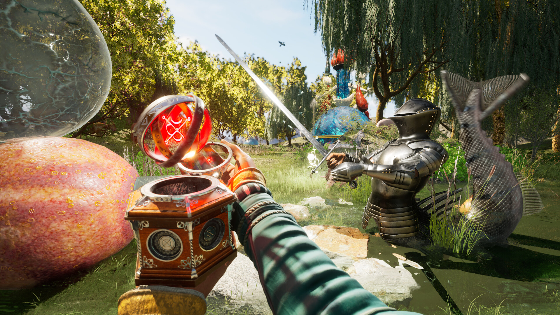 Holding a hexagonal box with a magical centrifuge suspended above it, the player walks through a swamp flanked by a mermaid wearing a suit of armour.
