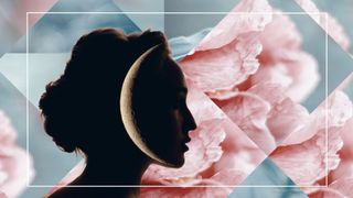 new moon silhouette of a woman, kaleidoscope background