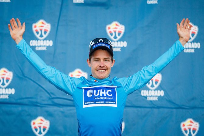Gavin Mannion of the United States and the UnitedHealthcare Pro Cycling Team goes into the final stage of the 2018 Colorado Classic with the leader's jersey