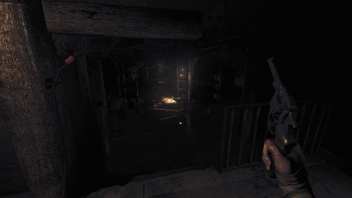 flooded hallway in The Bunker with floating barrels