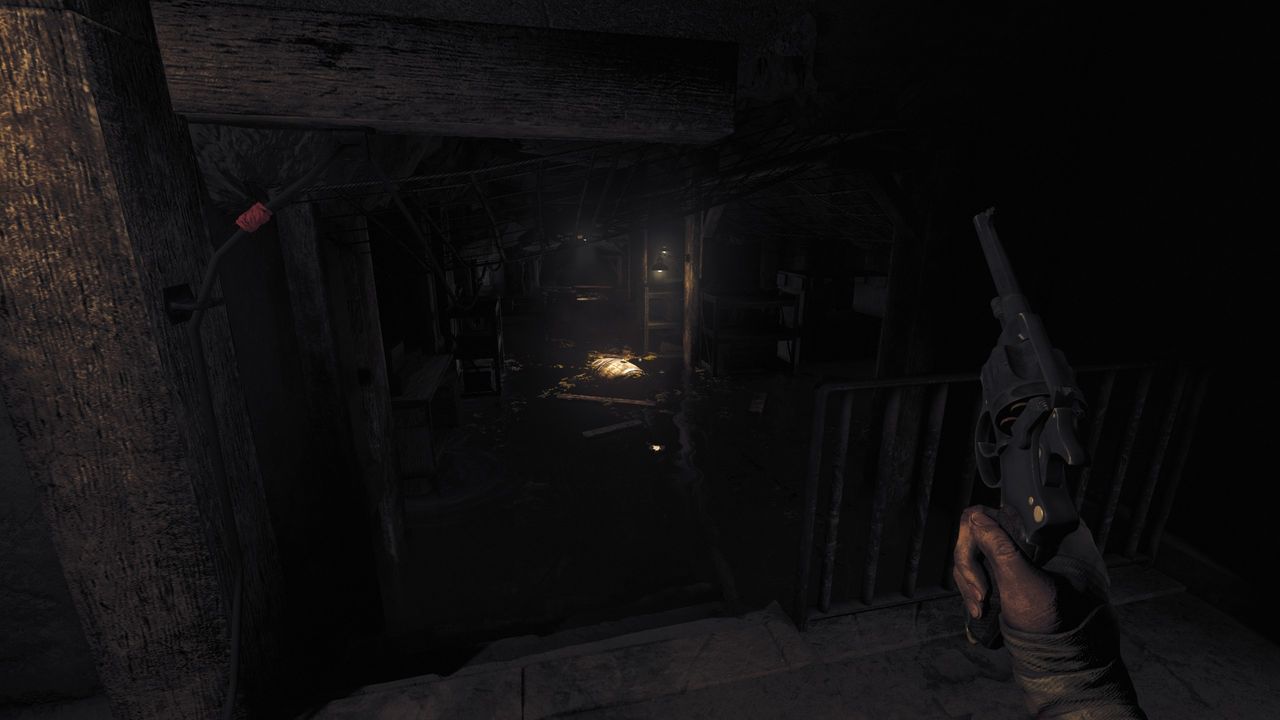 flooded hallway in The Bunker with floating barrels