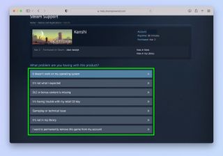A screenshot showing how to request a refund on Steam