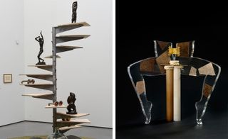 Left: ’Spiral stair case’, 2016. Photography: Darren O’Brien/Guzelian. Courtesy of Hepworth Wakefield. Right: ’Leg Chair (SUSHI NORI)’, by Anthea Hamilton, 2012. Photography: Doug Atfield. Courtesy of the artist and Firstsite