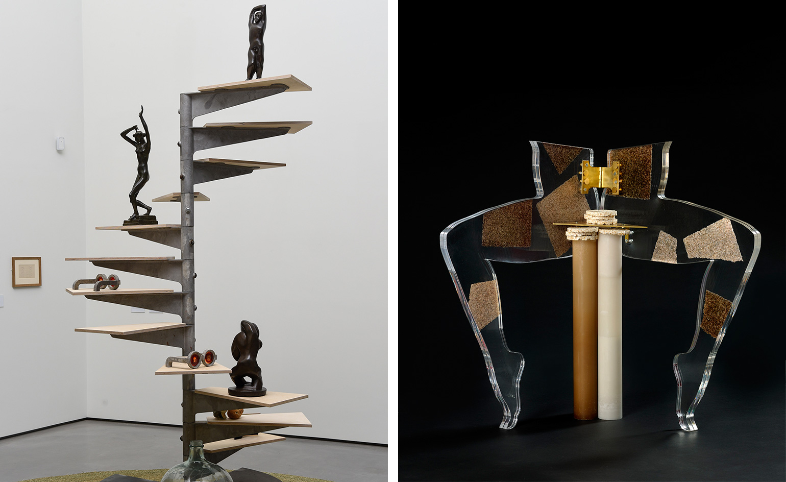 Left: ’Spiral stair case’, 2016. Photography: Darren O’Brien/Guzelian. Courtesy of Hepworth Wakefield. Right: ’Leg Chair (SUSHI NORI)’, by Anthea Hamilton, 2012. Photography: Doug Atfield. Courtesy of the artist and Firstsite