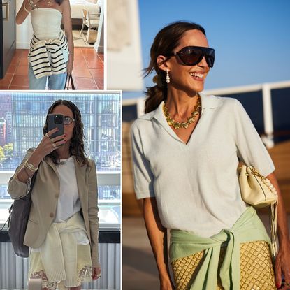 a collage of Larissa Mills wearing sweaters around her waist