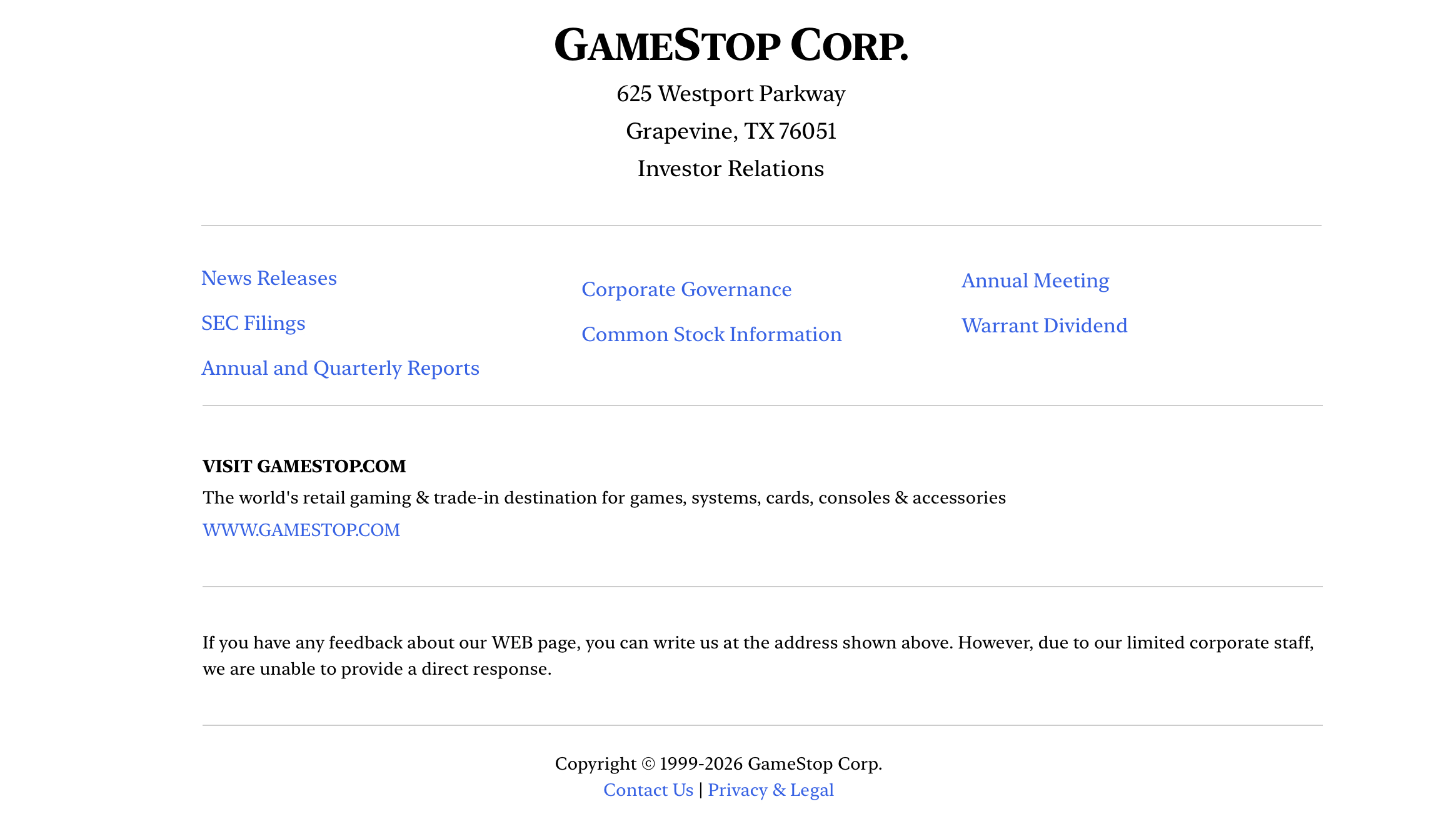 GameStop Investor Page