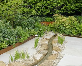 A curved water rill cut out of a patio with metal panels and aquatic plants