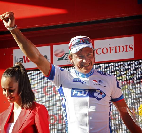 Yauheni Hutarovich (FDJ) celebrates his first grand tour stage win.
