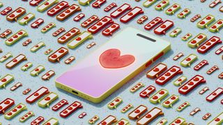 Mobile phone with heart symbol and icons surrounding it with heart symbols for messaging love