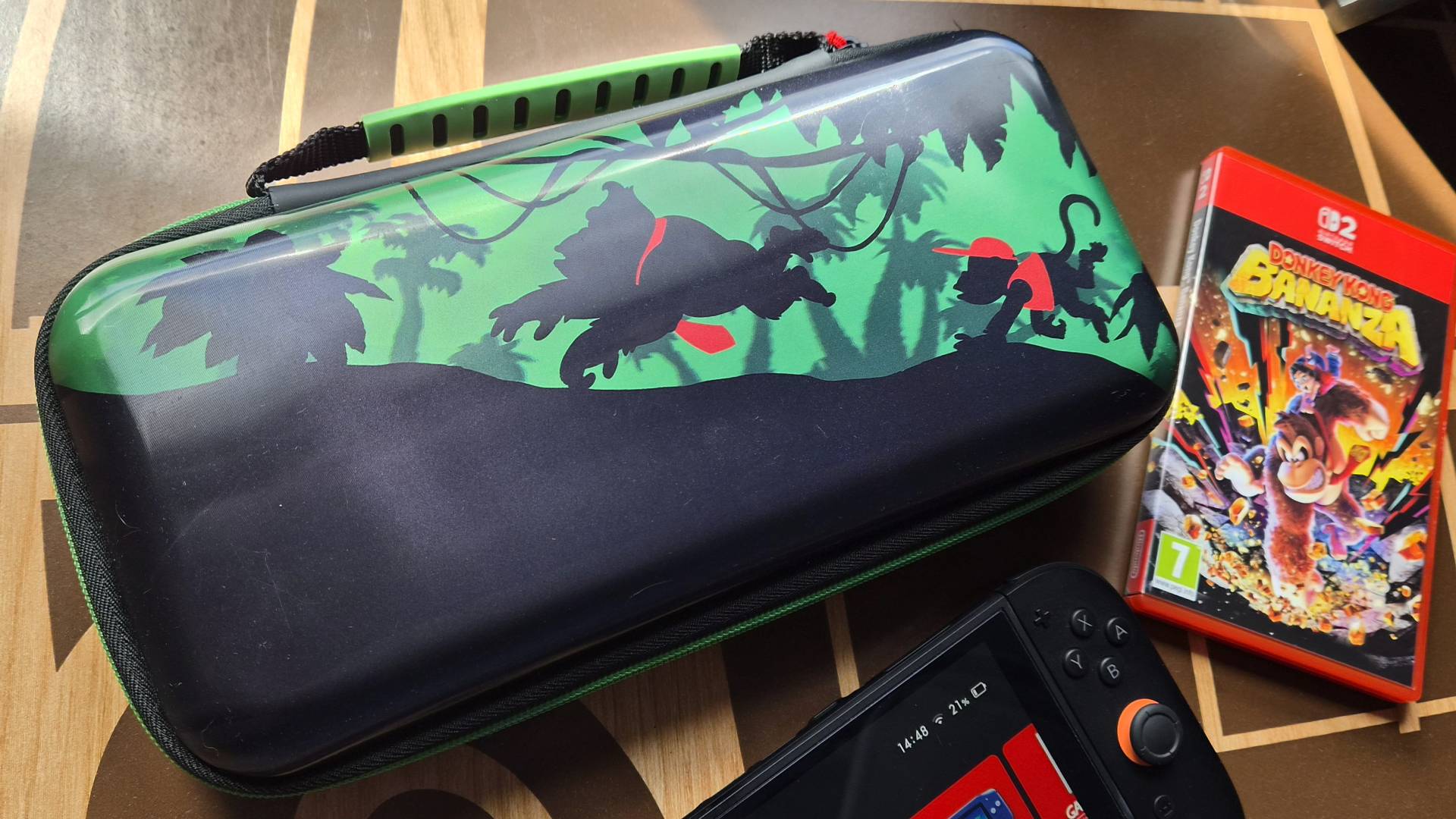 Photo of the Donkey Kong Switch 2 PlayTrek case sitting on a coffee table.