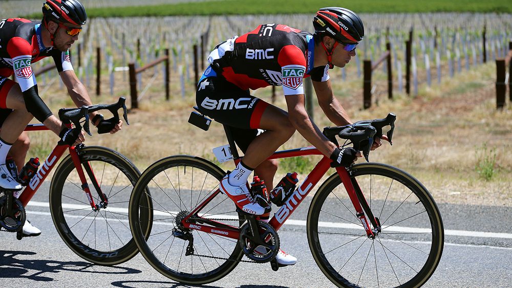 The red and balck BMC Racing jersey adds flashes of blue to the rear of the shorts and on the collar from new sponsor Sophos