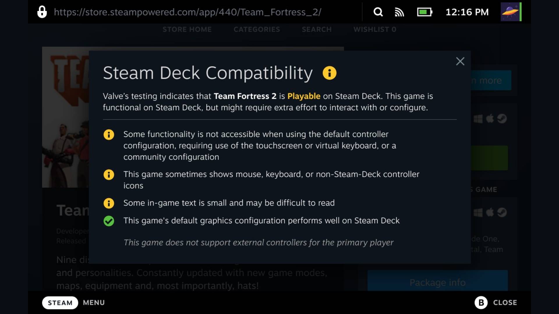 Example of Steam Deck Verified system featuring explanation of what "Playable" means in regards ton Team Fortress 2.