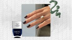 A white cable knit backdrop with an image of a hand with espresso-brown nails and a large diamond ring, plus a bottle of nails inc navy blue polish and a spill of forest green nail polish