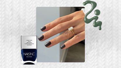A white cable knit backdrop with an image of a hand with espresso-brown nails and a large diamond ring, plus a bottle of nails inc navy blue polish and a spill of forest green nail polish